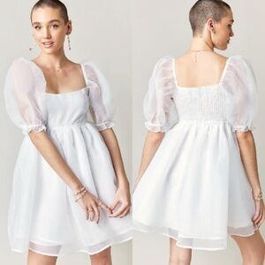 AUDREY PARKS Ina Puff Sleeve Cute Babydoll Chiffon Mini Dress White Size Small